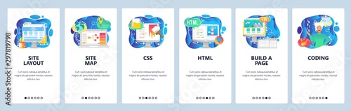 Mobile app onboarding screens. Female software engineer, html and css coding, build a site. Menu vector banner template for website and mobile development. Web design flat illustration photo