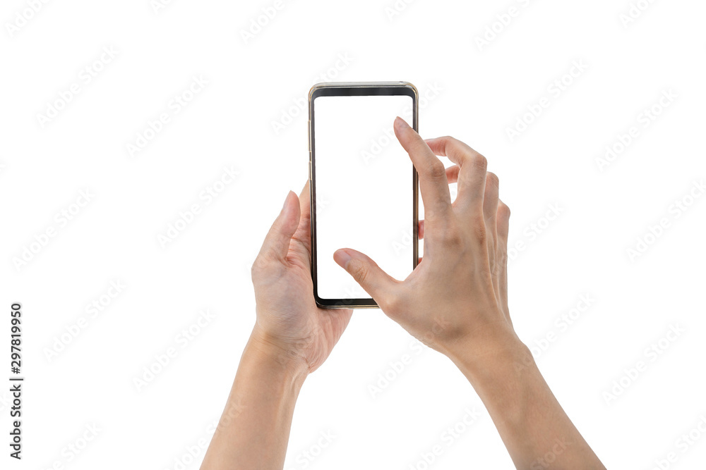 2 hands holding smart phone while zooming in for display with white background and clipping path 2 hands holding smart phone while zooming in for display with white background and clipping path