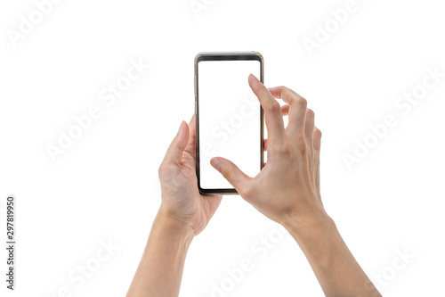 2 hands holding smart phone while zooming in for display with white background and clipping path