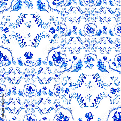 Watercolor seamless pattern with blue  flowers and lace in folk gzhel style. Hand painting ornament. Russian floral  background.  for greeting, christmas, wedding bacdrops or textile, wallpappers