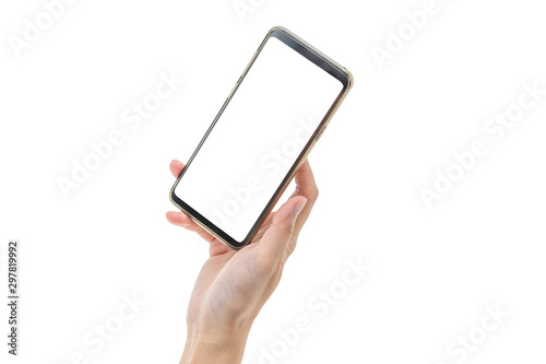 rght hand hold mobile phone with white background and clipping path