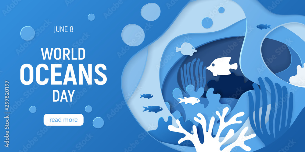 World Oceans Day. Paper art. Holiday dedicated to the protection and preservation of the oceans. Paper cut underwater background with coral reefs. Vector illustration - obrazy, fototapety, plakaty 