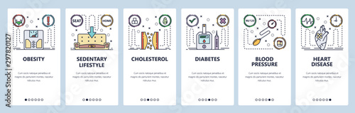 Mobile app onboarding screens. Health problems, heart attack, blood pressure, cholesterol, diabetes. Menu vector banner template for website and mobile development. Web site design flat illustration