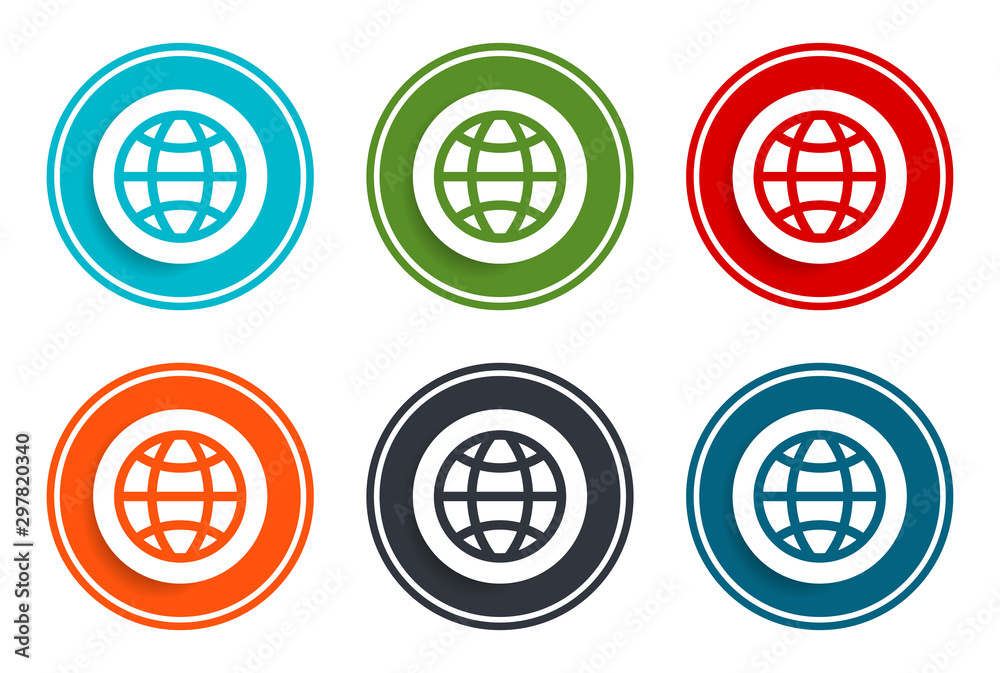 World icon flat vector illustration design round buttons collection 6 concept colorful frame simple circle set World icon flat vector illustration design round buttons collection 6 concept colorful frame simple circle set