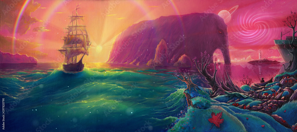 Fototapeta premium Fantasy obraz olejny zachód słońca krajobraz morski ze statkiem, promienie słońca i planety, krajobraz morski olejem na płótnie, ręcznie rysowane ilustracja w kolorach akwareli