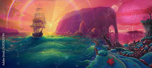 Fotografija Fantasy Oil painting sunset sea landscape with ship, sun light beams and planets