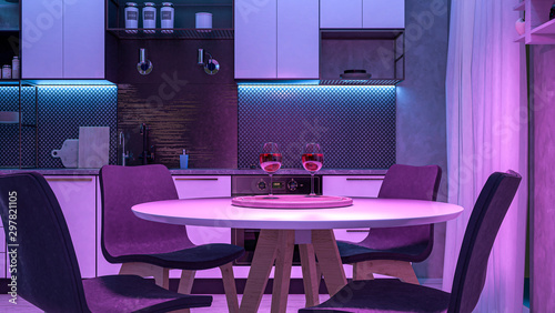 Modern Kitchen with multicolors led lights photo
