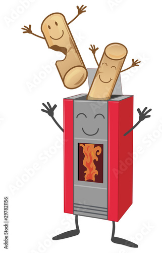 stove cartoon mascot with wood pellets mascot