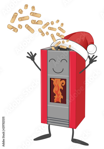 Wood pellet stove cartoon with Santa claus hat