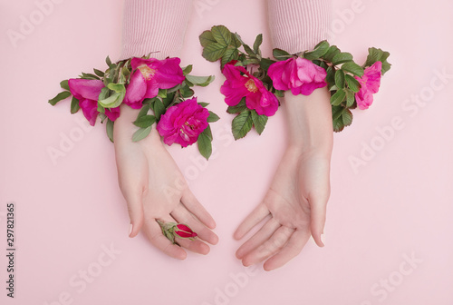 Fototapeta Naklejka Na Ścianę i Meble -  Beauty Hand of a woman with red flowers lies on table, pink paper background. Natural cosmetics product and hand care, moisturizing and wrinkle reduction, skincare