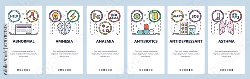 Mobile app onboarding screens. Healgh issues, amnesia illness, antibiotics, asthma, drugs. Menu vector banner template for website and mobile development. Web site design flat illustration