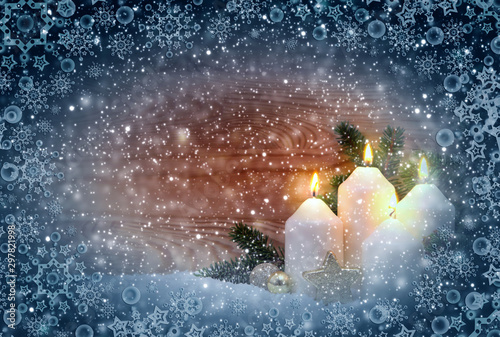 Four burning Advent candles and snowfall. Christmas background. © Swetlana Wall