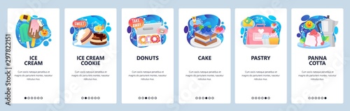 Mobile app onboarding screens. Dessert sweet food, ice cream, donuts, cake, cupcake, panna cotta. Menu vector banner template for website and mobile development. Web site design flat illustration