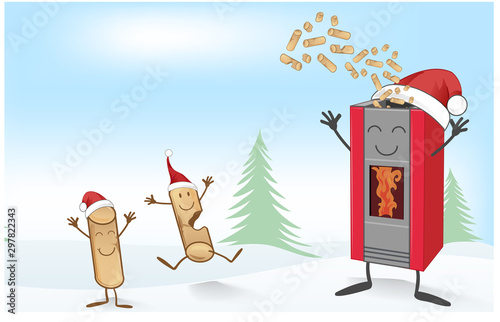 christmas stove cartoon with  fun Wood pellett mascot
