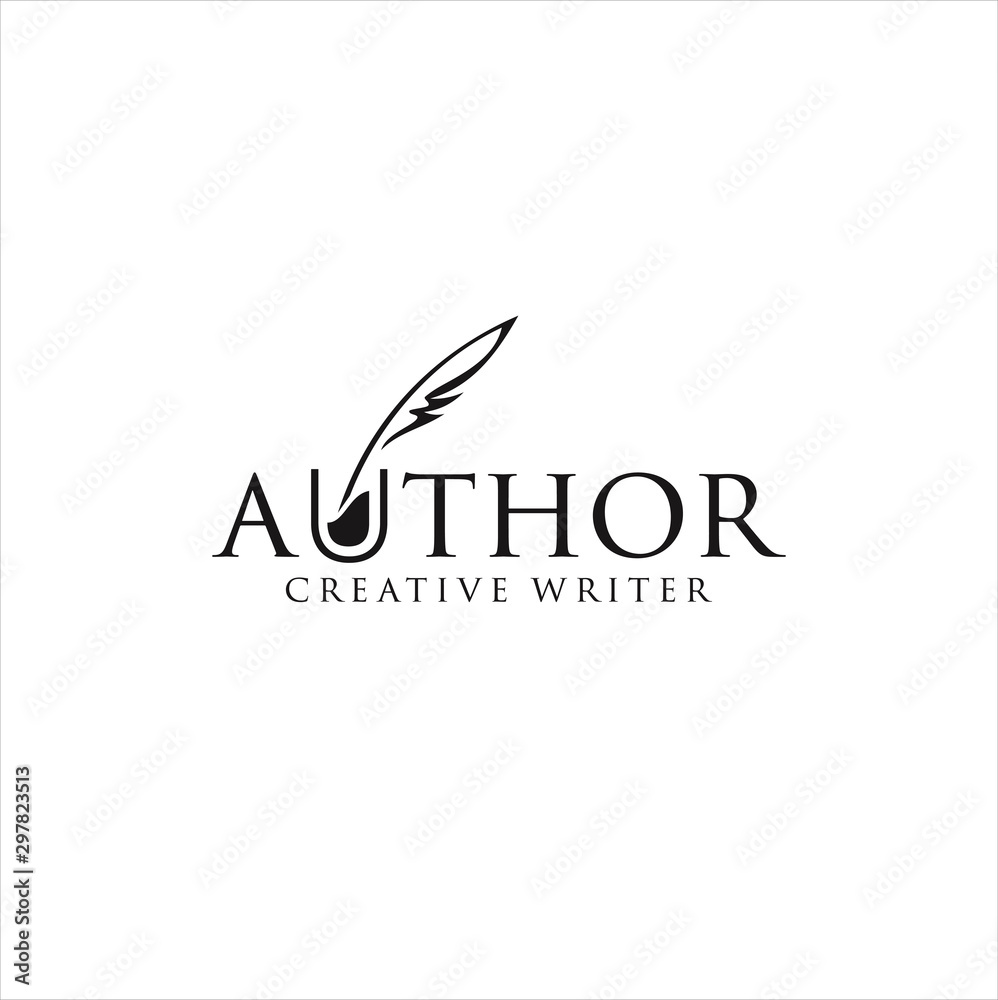 Author Write Logo Templates Design Vector Stock . vintage pen feather writer symbol, literature icon, diary sign, black illustration, writer logo templated 