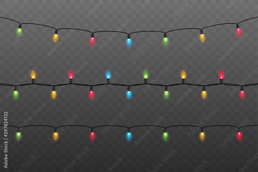 Christmas lights. Glowing lights for Xmas Holiday cards, banners, posters,