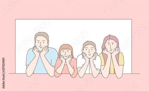 Happy family looking out the window. Hand drawn vector illustration.