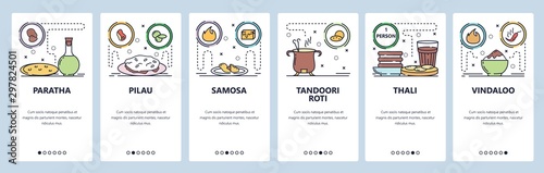 Mobile app onboarding screens. Indian and South-East Asia cuisine food, pilau, thali, roti, samosa. Menu vector banner template for website and mobile development. Web site design flat illustration