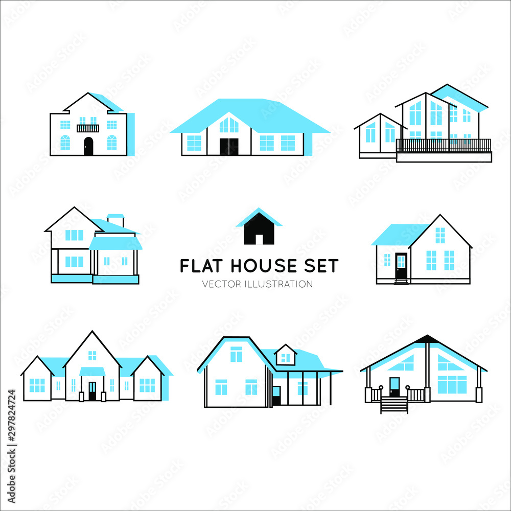 Set of vector cartoon houses in two colors - blue and black building exteriors for infographics, web and print.
