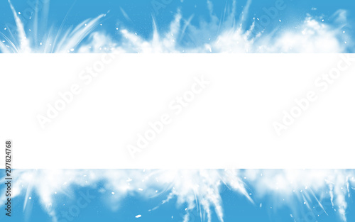 Snow powder white explosion empty horizontal banner on blue background, ice or snowflakes splash clouds border for christmas and new year holidays promo, greeting card Realistic 3d vector illustration