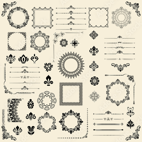 Vintage set of vector horizontal, square and round elements. Different elements for backgrounds, frames and monograms. Classic black patterns. Set of vintage patterns