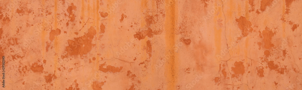 Abstract panorama image of Orange clay wall grunge texture background for interior decoration.