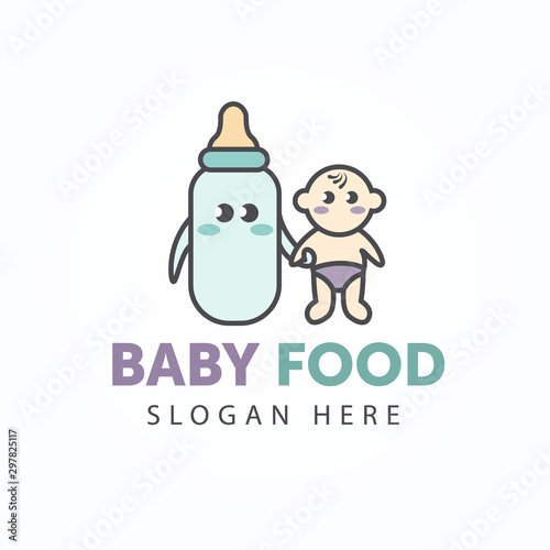 Creative cute logotype baby food. Baby with a bottle of milk best friends. Cartoon style with outline. Element of Shop, market, store for little children.