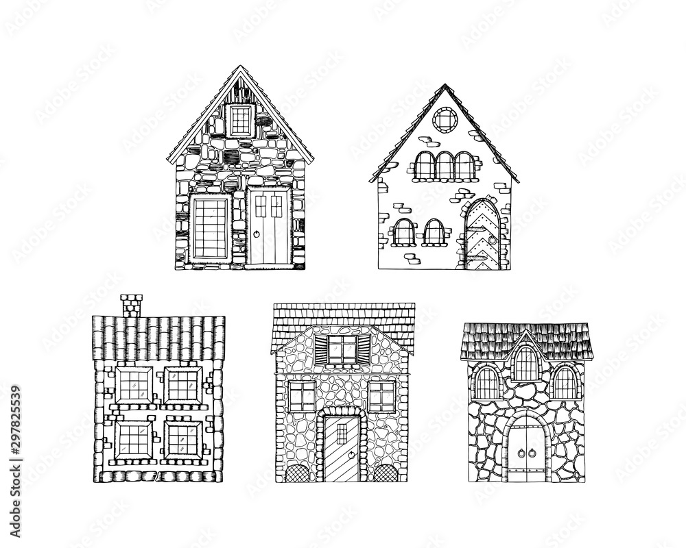 Set of hand drawn houses isolated on white background. Vector illustration.