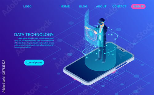 businessman wearing goggle vr standing on mobile with touching interface into virtual reality world. future technology. flat isometric. web header template. flat isometric vector illustration