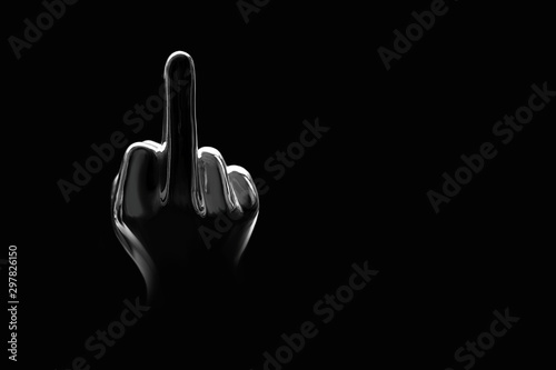 Black figure mirror. Middle finger, offensive gesture. Fuck you concept, copy space