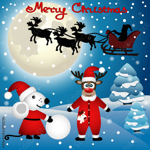 Christmas card. Funny postcard with Christmas mouse and Christmas reindeer.