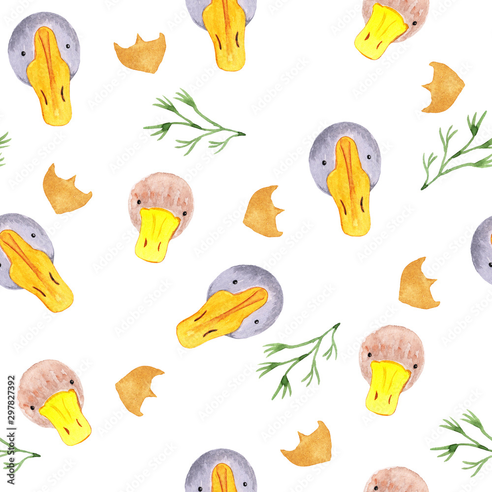 Seamless pattern with farm birds - ducks and geese, vegetation elements. watercolor illustrations for prints, design, textiles.