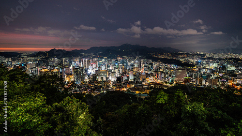 Photography Seoul city wide angle nightscape from Namsan park in South Korea