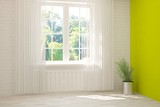 Stylish empty room in white color with summer landscape in window. Scandinavian interior design. 3D illustration