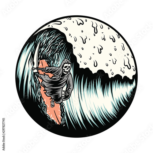 Fototapeta Grim Reaper Surfing Summer Graphic Illustration Vector Art T-shirt Design