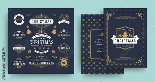 Christmas labels and badges vector design elements set with greeting card template.