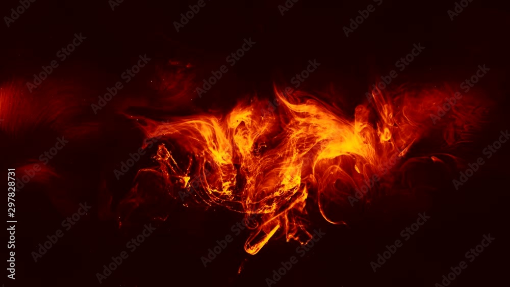 Fire animation. Mysterious energy. Red orange flames smoke motion on dark background.