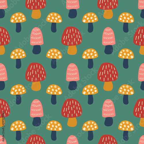 Doodle Mushroom seamless vector pattern. Modern background hand drawn mushroom nature illustration in pink red gold green. For kids fabric, fall decoration, Thanksgiving card, surface pattern design