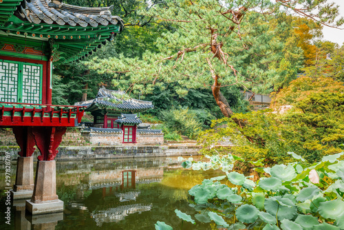 Huwon secret garden view at Changdeokgung Palace with view of Buyongji pond and Buyongjeong pavilion Seoul South Korea photo