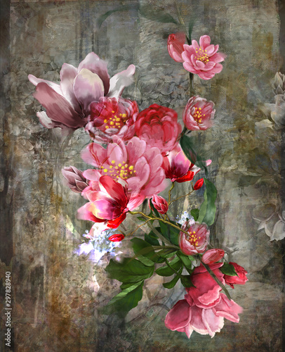 Abstract art colorful flowers  painting. Spring multicolored illustration.