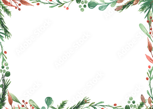 Watercolor Christmas frame with spruce branches, leaves, berries