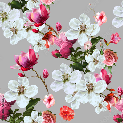 Watercolor painting of leaf and flowers, seamless pattern on gray background