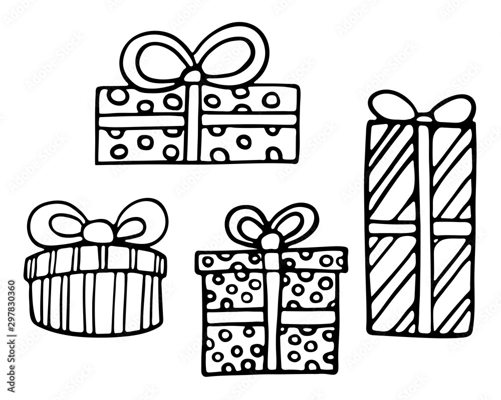 Christmas Gift Box Linear Doodle, Christmas Drawing, Ear Drawing