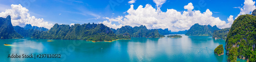 Panorama view of mountain and blue sky with cloud in Khao Sok National park locate in Ratchaprapha dam in Surat Thani province, Thailand.