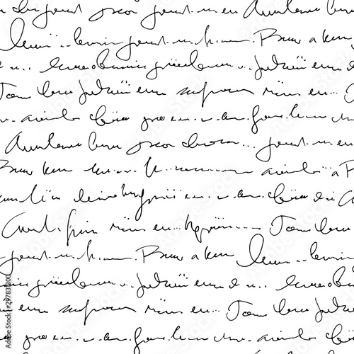 Handwritten abstract text seamless pattern, vector monochrome script background