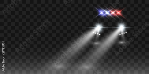Realistic white glow round beams of car headlights, isolated on transparent background. Police car. Light from headlights. Police patrol.