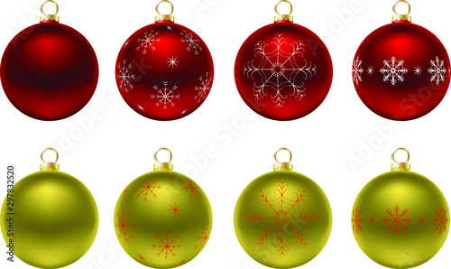 Christmas realistic 3d balls red and gold with an ornament of different types of snowflakes. Set of isolated vector elements on a transparent background for the New Year and Christmas decoration.