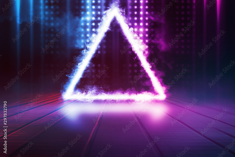 Fototapeta premium Empty background scene. Dark street reflection on wet asphalt. Rays of neon light in the dark, neon shapes, smoke. Background of an empty stage show. Abstract dark background.