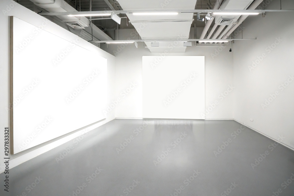 Museum of modern art.Empty Gallery interior space, white walls and grey floors - obrazy, fototapety, plakaty 