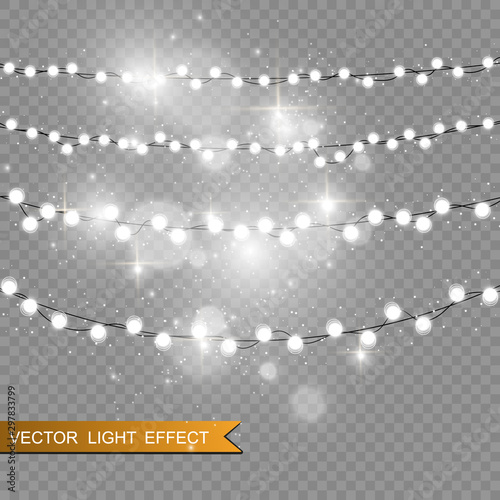 Christmas bright, beautiful lights, design elements. Glowing lights for design of Xmas greeting cards. Garlands, light Christmas decorations.